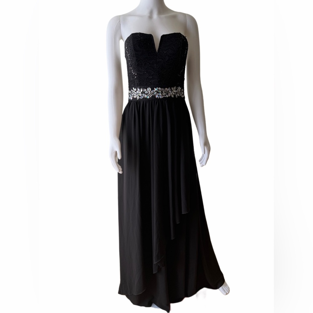 La Scala Black Strapless High‎ Low Dress Embellished Waist